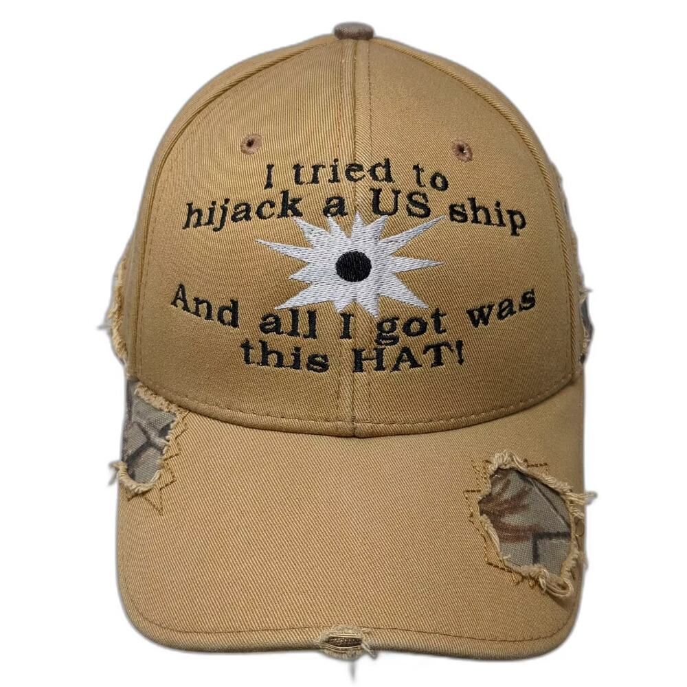 OC Baseball Cap Beige Green OS Distressed Camo Novelty Embroidered Strapback Hat